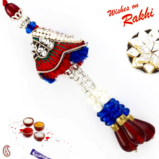 Red & Blue Rich Zardosi Dangling Lumba Rakhi - LM171136