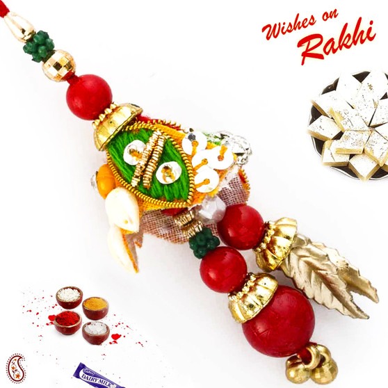 Charming Red & Green Pearl Beads Studded Lumba Rakhi - LM171139