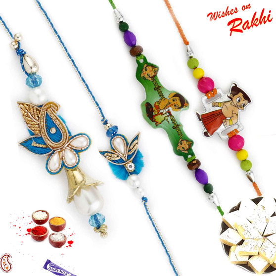 White & Blue Paisley Family Rakhi Set with Chhota Bheem & Ganesh Kids Rakhis - RF1707