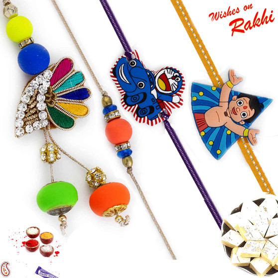 Colorful Beads Studded Family Rakhi Set with Chhota Bheem & Doremon Kids Rakhis - RF1708