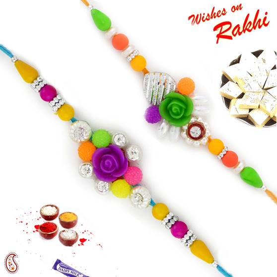 Set of 2 Multicolor Beads & Rose Rakhi - PST17217