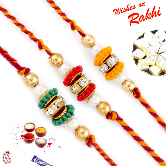 Set of 3 Green, Red & Yellow Beads Studded Rakhis - PST17301