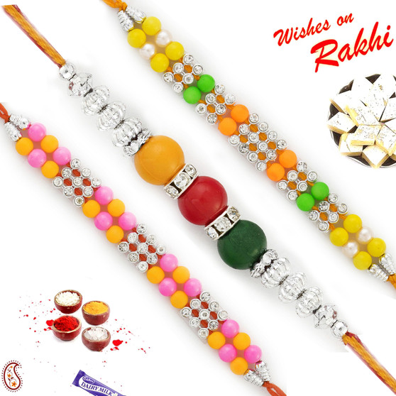 Set of 3 AD & Multicolor Beads Studded Rakhi - PST17302