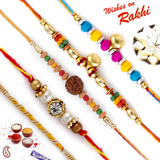 Set of 5 Multicolor Beads & Rudraksh Rakhi - PST17502