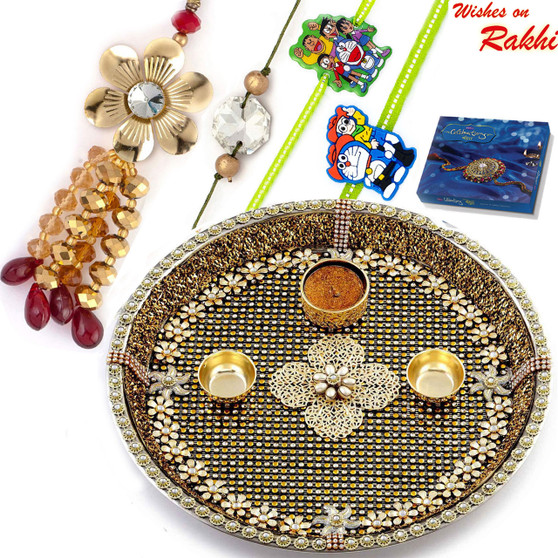 Gold Base & Crsytal Beads Studded Rakhi Pooja Thali with  Family Rakhi Set - RTH1704