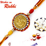 Red & Yellow Rakhi with Ganesh Motif on Coin Shape base - RJ17211