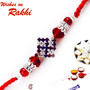 Red stones Swastika Rakhi with red crystal beads - RJ17231