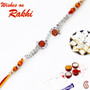 White American Diamonds Om Rakhi with wooden beads  - RJ17236