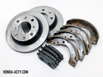 Brake Package - 3 Piece - Front Brake Pads, Front Brake Rotors, Rear Shoes - Honda Acty Truck HA8, HA9 Models - 2009-2022