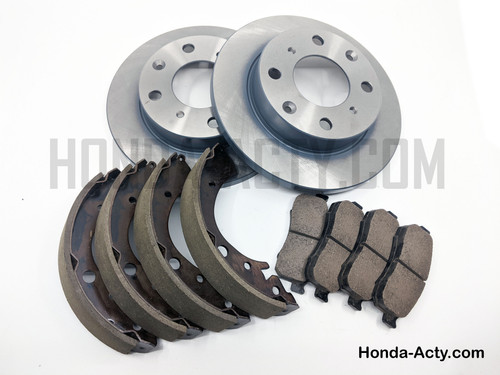 Brake Package - 3 Piece - Front Brake Pads, Front Brake Rotors, Rear Brake Shoe Set - Honda Acty Van HH3, HH4 Models - 1990-1999 Brake Package - 3 Piece - Front Brake Pads, Front Brake Rotors, Rear Brake Shoe Set - Honda Acty Van HH3, HH4 Models - 1990-1999