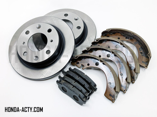 Brake Package - 3 Piece - Front Brake Pads, Front Brake Rotors, Rear Shoes - Honda Acty Van HH5, HH6 Models - 1999-2019 Brake Package - 3 Piece - Front Brake Pads, Front Brake Rotors, Rear Shoes - Honda Acty Van HH5, HH6 Models - 1999-2019