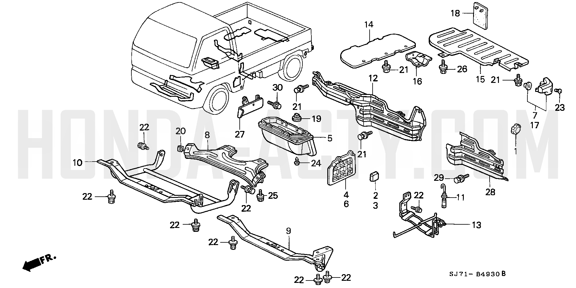B4930 - Splash Guard, Baffle Plate & Tire Carrier - HA4 Honda Acty - 1990-1999 Models - Body Parts Diagrams