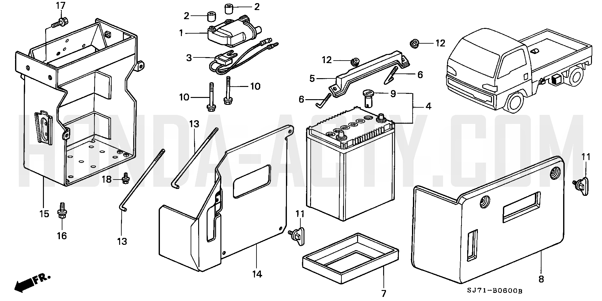 B6 - Battery & Ignition Coil - HA4 Honda Acty - 1990-1999 Models - Electrical, Intake & Exhaust Parts Diagrams