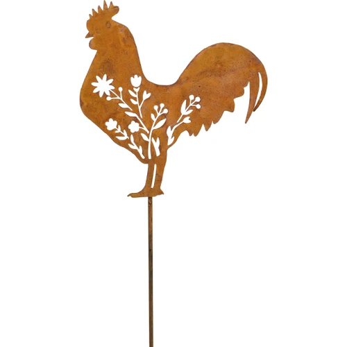 Rooster And Flowers Rusty Stake