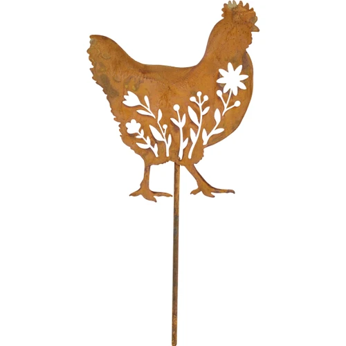 Hen And Flowers Rusty Stake
