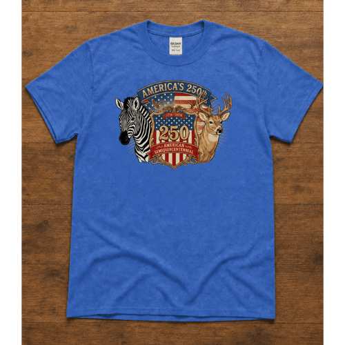 Americas 250th Shield Tee — American Shield with Zebra & White-Tail Buck