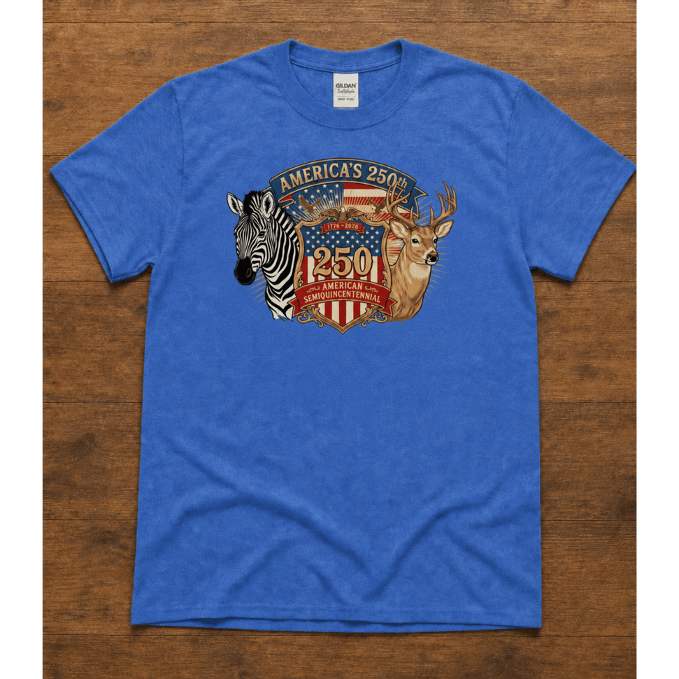 Americas 250th Shield Tee — American Shield with Zebra & White-Tail Buck