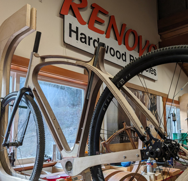 BYOB frame shown in Walnut and Ash. This is how the bike comes to you, as a half built kit, with all the difficult geometry and alignment completed.