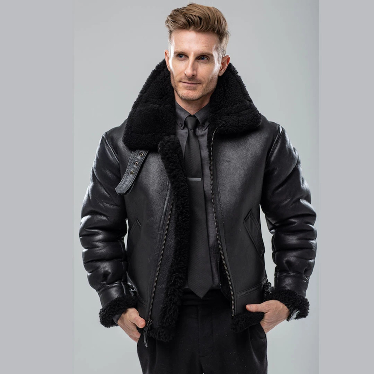 Chaqueta bomber de piel de oveja auténtica USA B-3 negra