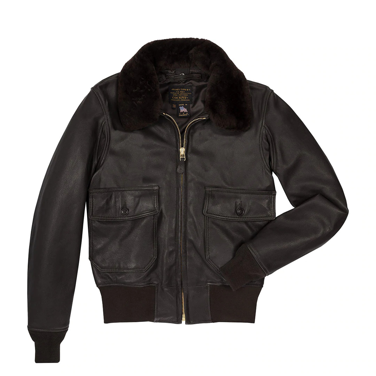 Cockpit USA G-1 Leather Flight Jacket with Removable Collar Brown