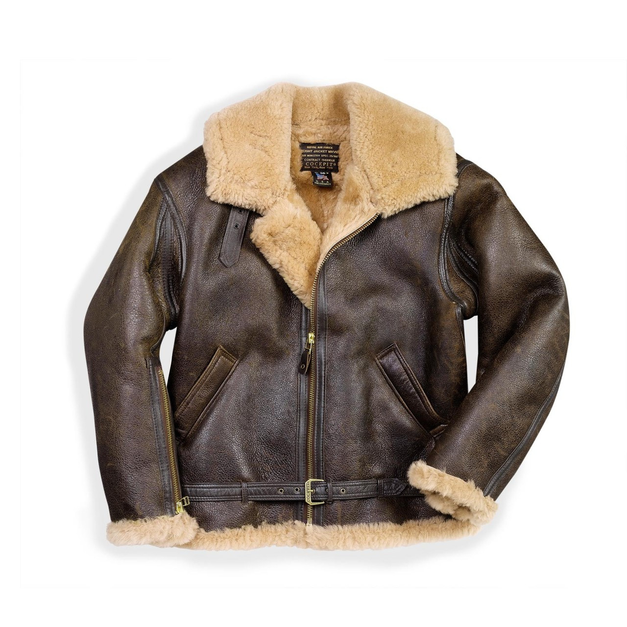 Cockpit USA R.A.F. Fighter Weight Sheepskin Bomber Jacket Brown USA Made