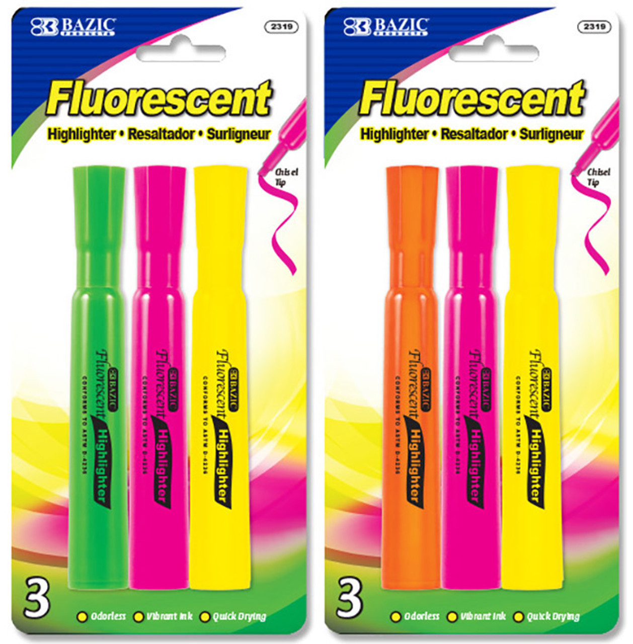 Fluorescent Highlighters Yellow w/ Cushion Grip(3/pack)