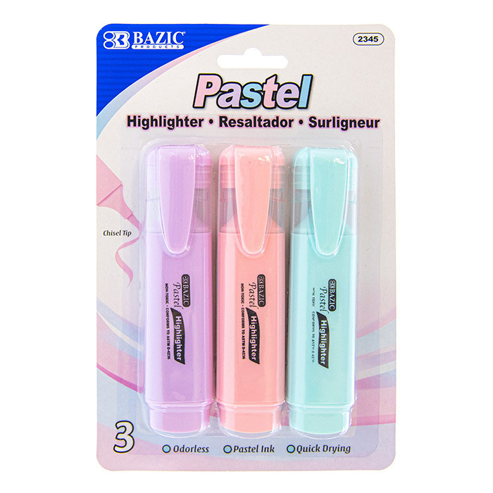 BAZIC Pastel Highlighter w/ Pocket Clip (3/Pack)