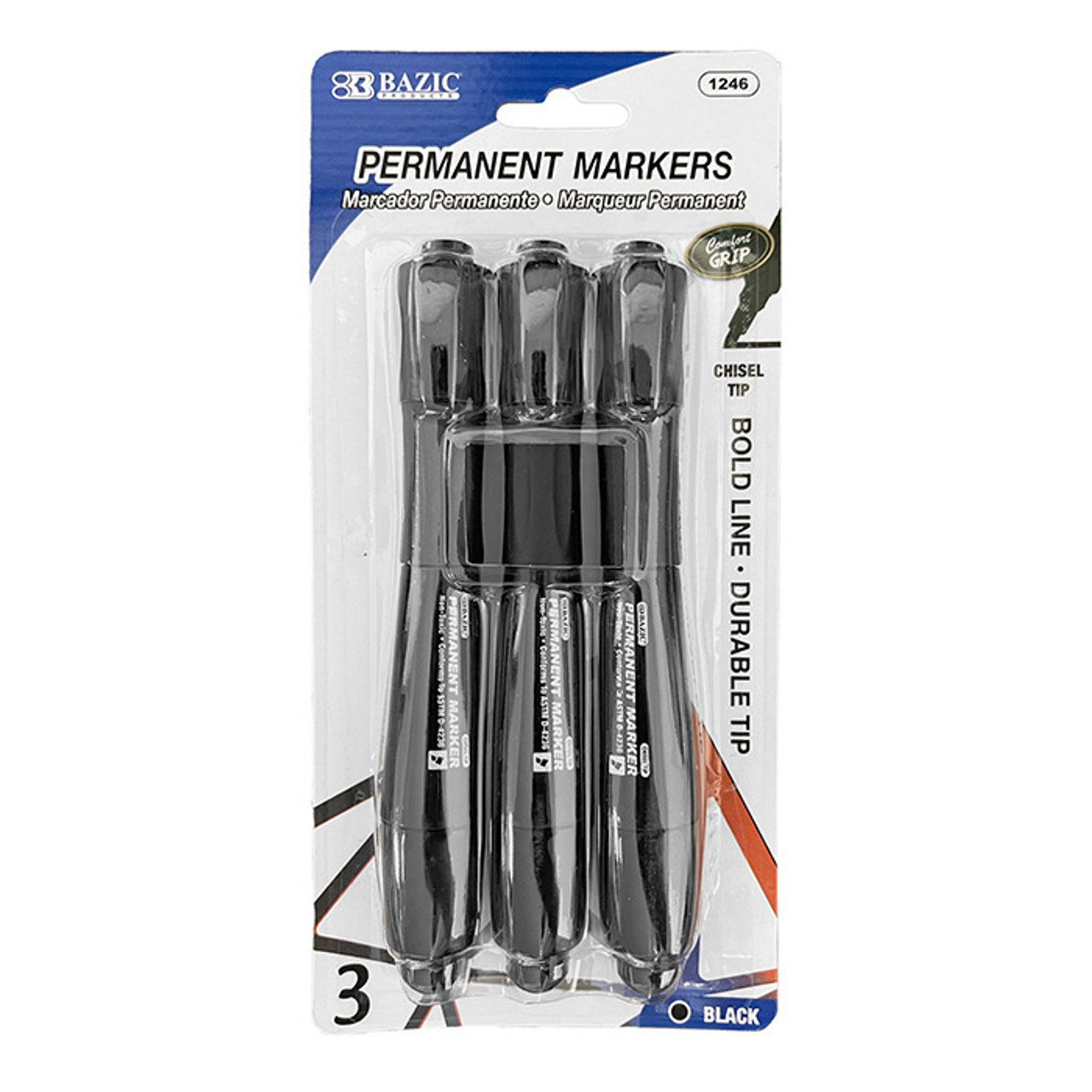 BAZIC Black Chisel Tip Jumbo Permanent Markers w/ Grip (3/Pack