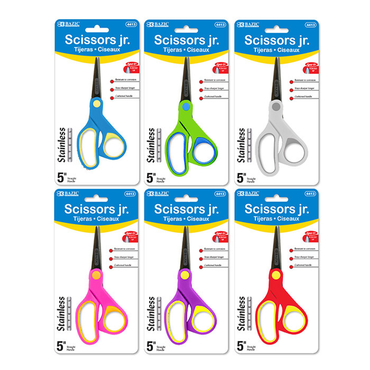 500 Wholesale 5 Scissors, point tip. Assorted colors - bulk pack - at 