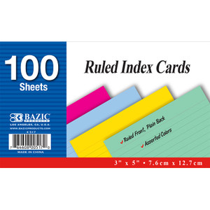 BAZIC 100 Ct. 3" X 5" Ruled Colored Index Card BAZIC 100 Ct. 3" X 5" Ruled Colored Index Card