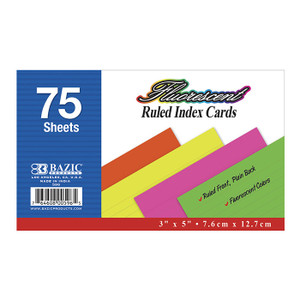 BAZIC 75 Ct. 3" X 5" Ruled Fluorescent Colored Index Card