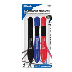 BAZIC Assorted Colors Chisel Tip Jumbo Permanent Markers w/ Grip (3/Pack), 24 units per case