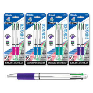 BAZIC Lynx Silver Top 4-Color Pen w/ Cushion Grip (2/Pack), 24 units per case