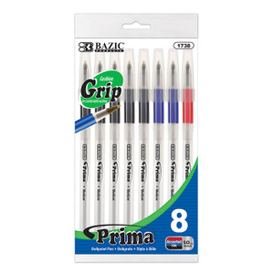BAZIC Prima Assorted Color Stick Pen w/ Cushion Grip (8/Pack) BAZIC Prima Assorted Color Stick Pen w/ Cushion Grip (8/Pack)