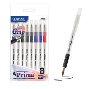 BAZIC Prima Assorted Color Stick Pen w/ Cushion Grip (8/Pack), 24 units per case