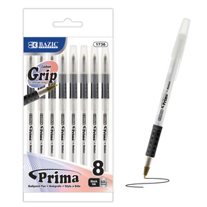 BAZIC Prima Black Stick Pen w/ Cushion Grip (8/Pack), 24 units per case