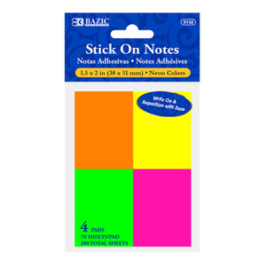 BAZIC 70 Ct. 1.5" X 2" Neon Stick On Notes (4/Pack) BAZIC 70 Ct. 1.5" X 2" Neon Stick On Notes (4/Pack)
