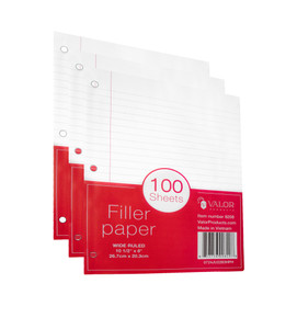 Valor Products 100CT Filler Paper 3-Hole Punched Wide Ruled, 48 units per case Valor Products 100CT Filler Paper 3-Hole Punched Wide Ruled, 48 units per case