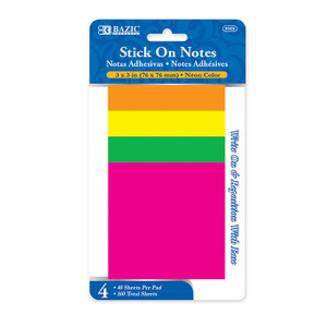 3" x 3" 4 Assorted Colored Stick On Notes, 40 Sheets Per Pad, 160 Total Sheets, 24 units per case 3" x 3" 4 Assorted Colored Stick On Notes, 40 Sheets Per Pad, 160 Total Sheets, 24 units per case