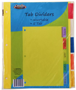 Index Dividers - 5 Tab - Assorted Color Insertable Tabs Index Dividers - 5 Tab - Assorted Color Insertable Tabs