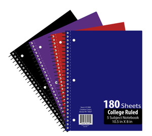 Notebook - 5 Subject - 10.5 X 8" - 180 Sheets - Wide Ruled Notebook - 5 Subject - 10.5 X 8" - 180 Sheets - Wide Ruled