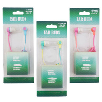 Earbuds with 3.5mm Jack - 48 inch Cord Handsfree - 3 Assorted Colors -2-Tone Blister Card, 24 units per case