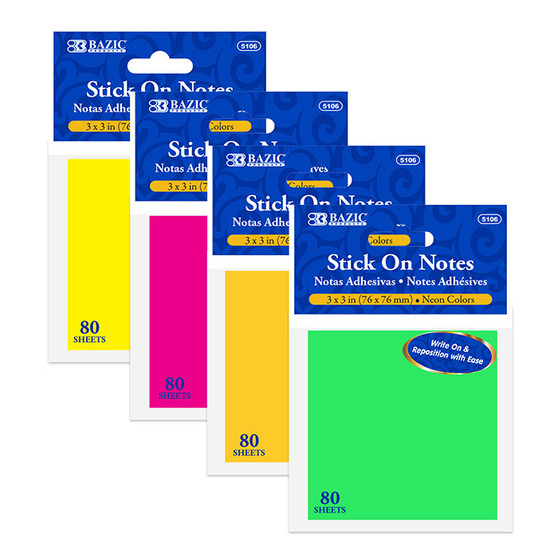 BAZIC 80 Ct. 3" X 3" Neon Stick On Notes