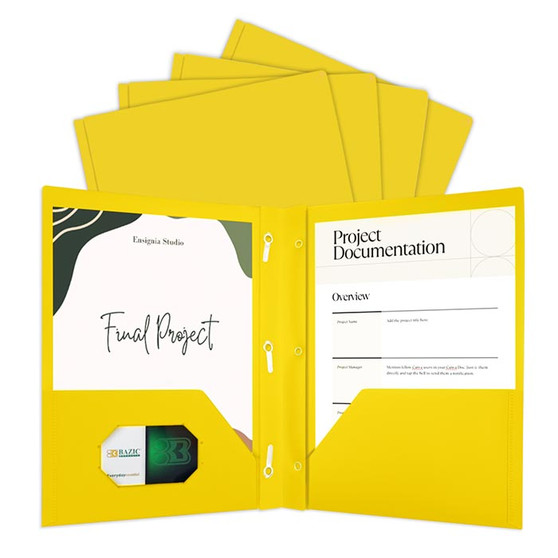 BAZIC Yellow Color 2-Pockets Poly Portfolio w/ 3 Prongs, 100 units per case