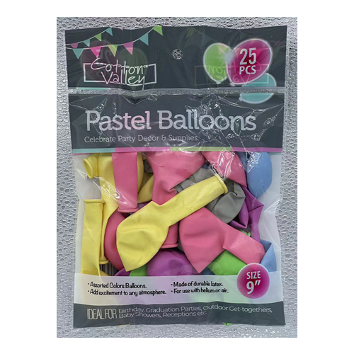 Cotton Valley 9" Party Balloons - 25 Count Assorted Pastel Colors, 96 units per case
