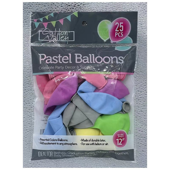 Cotton Valley 12" Pastel Balloons - 25 Count Assorted Colors, 96 units per case