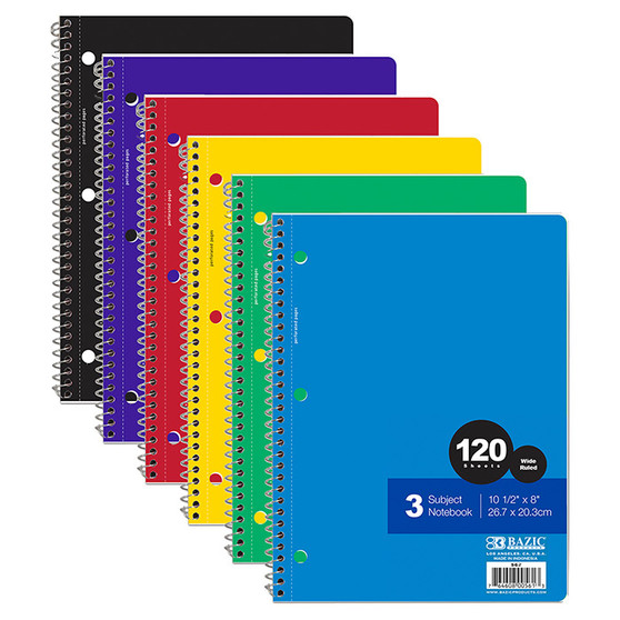 10.5" x 8" 240 Page Assorted Color Wide Ruled 3 Subject Notebooks, 120 Sheets, 24 units per case