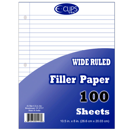 Wide Ruled White Filler Paper, 10.5 x 8 Inches, 100 Sheets, 60 units per case