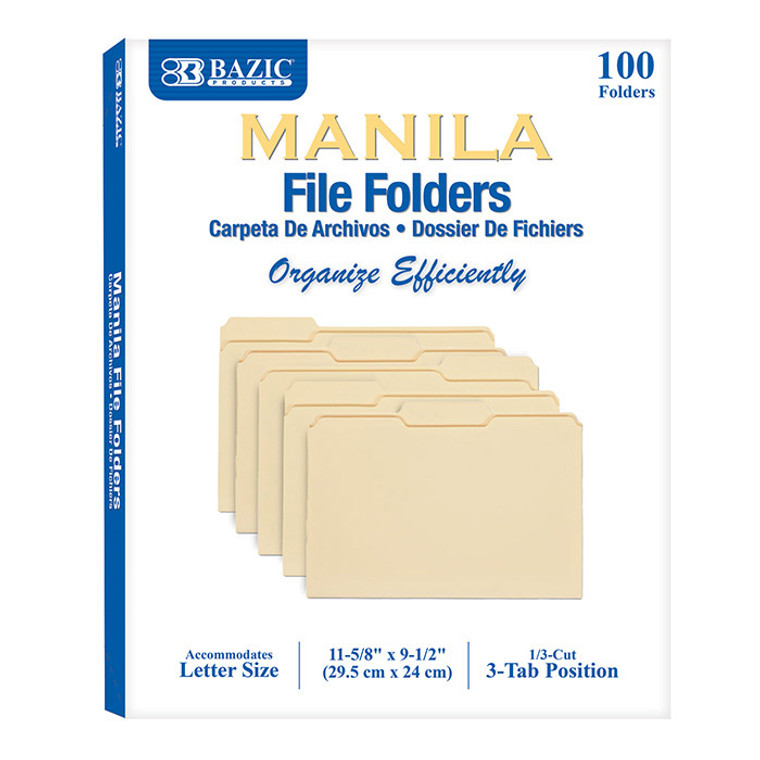 BAZIC 1/3 Cut Letter Size Manila File Folder (100/Box)