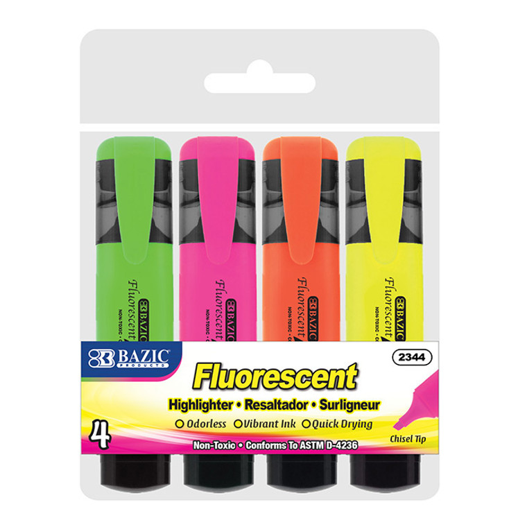 BAZIC Fluorescent Highlighter w/ Pocket Clip (4/Pack)